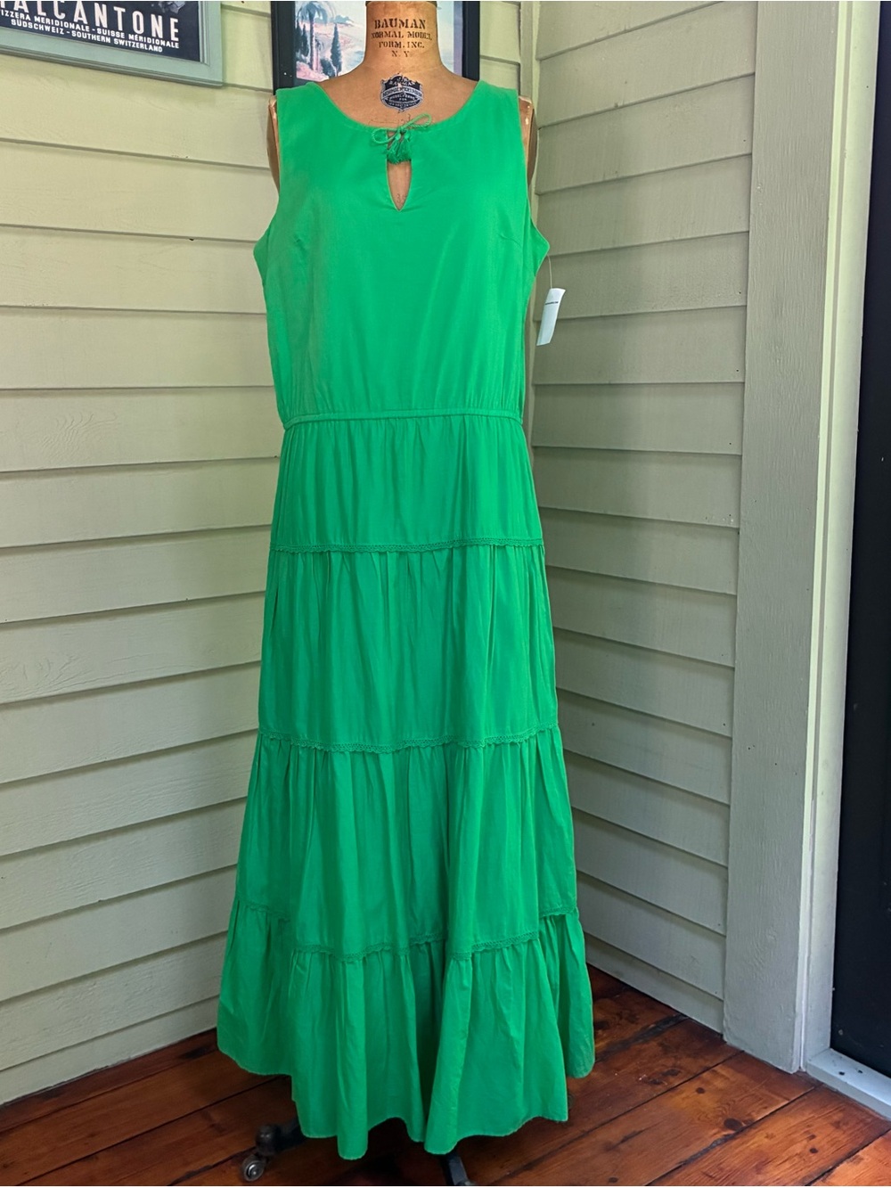 Ralph Lauren 100% Cotton Green Sleeveless Tiered Maxi Dress Boho Beachy